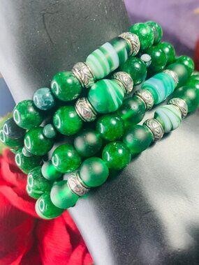 One-Of-A-Kind Green Jade, Jasper, Indian Agate, Glass & Pewter Bracelet Set